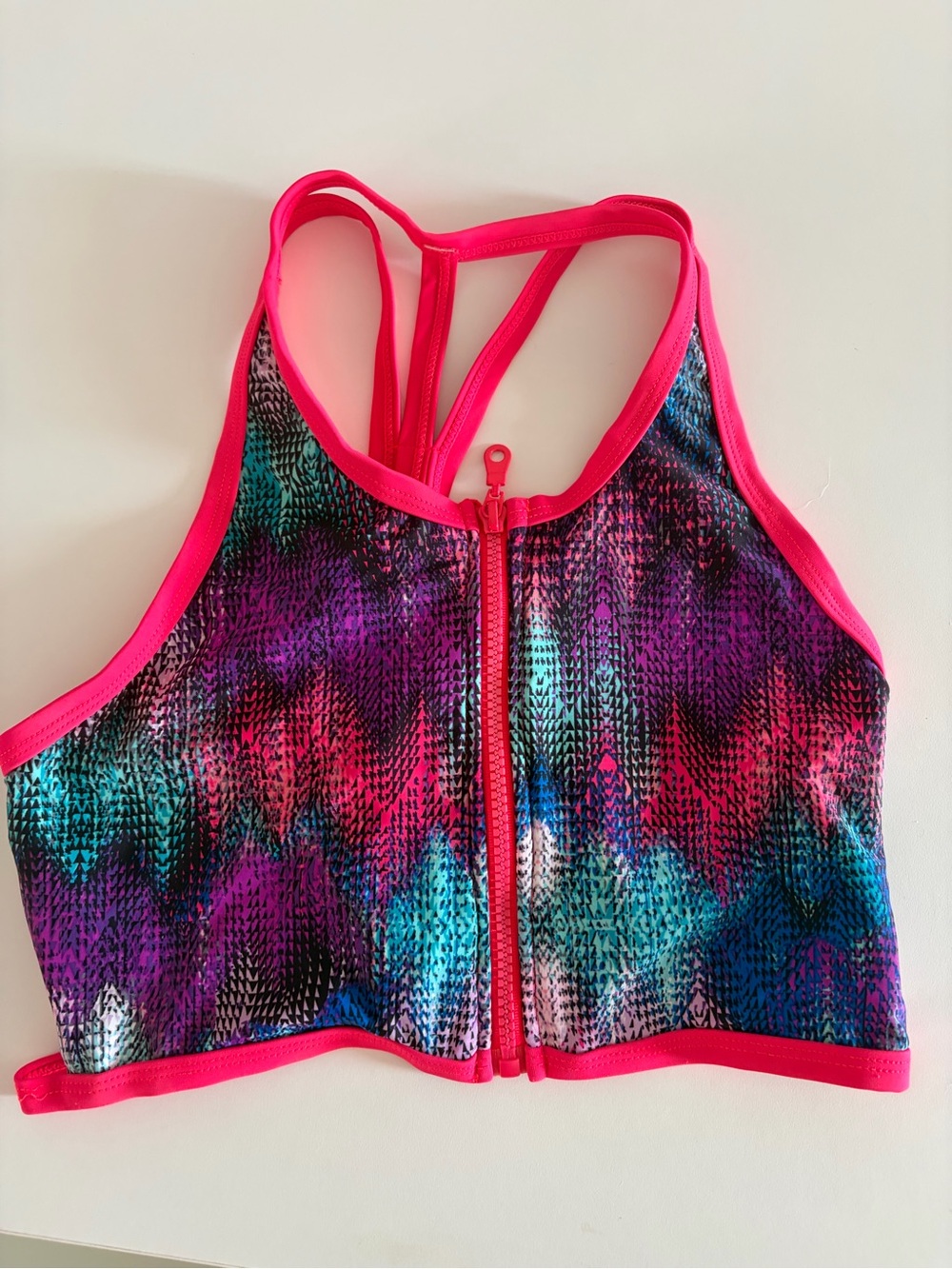 Neon Pink Multicolor Front-Zip Swim Top
